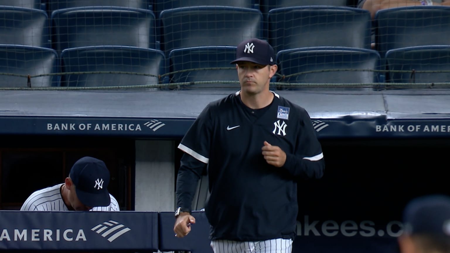 Yankees pitching coach Matt Blake near the dugout in an archival 2023 image