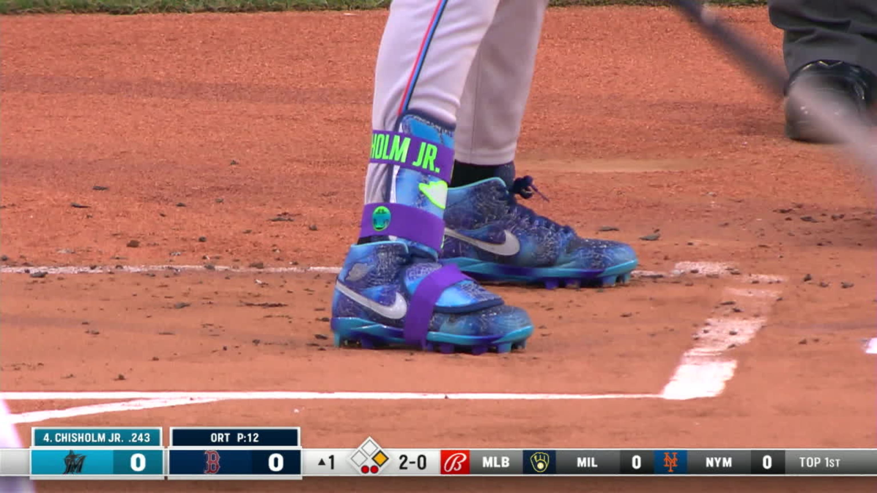 PHILADELPHIA, PA - APRIL 10: Cleats worn by Miami Marlins center fielder Jazz  Chisholm Jr. (2) are displayed during the game between the Miami Marlins  and the Philadelphia Phillies on April 10