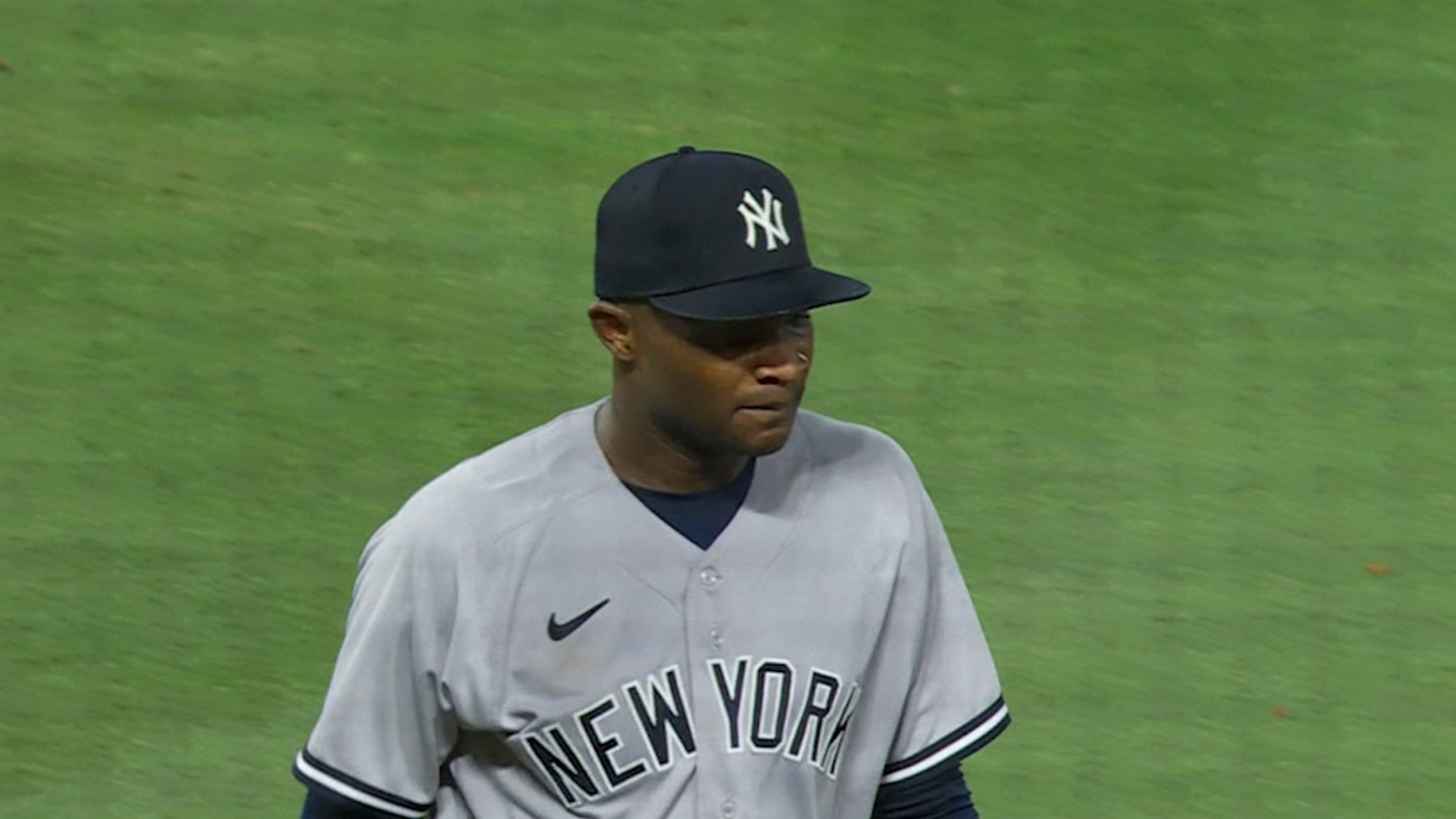 Detail view of the hat and uniform of Gleyber Torres of the New