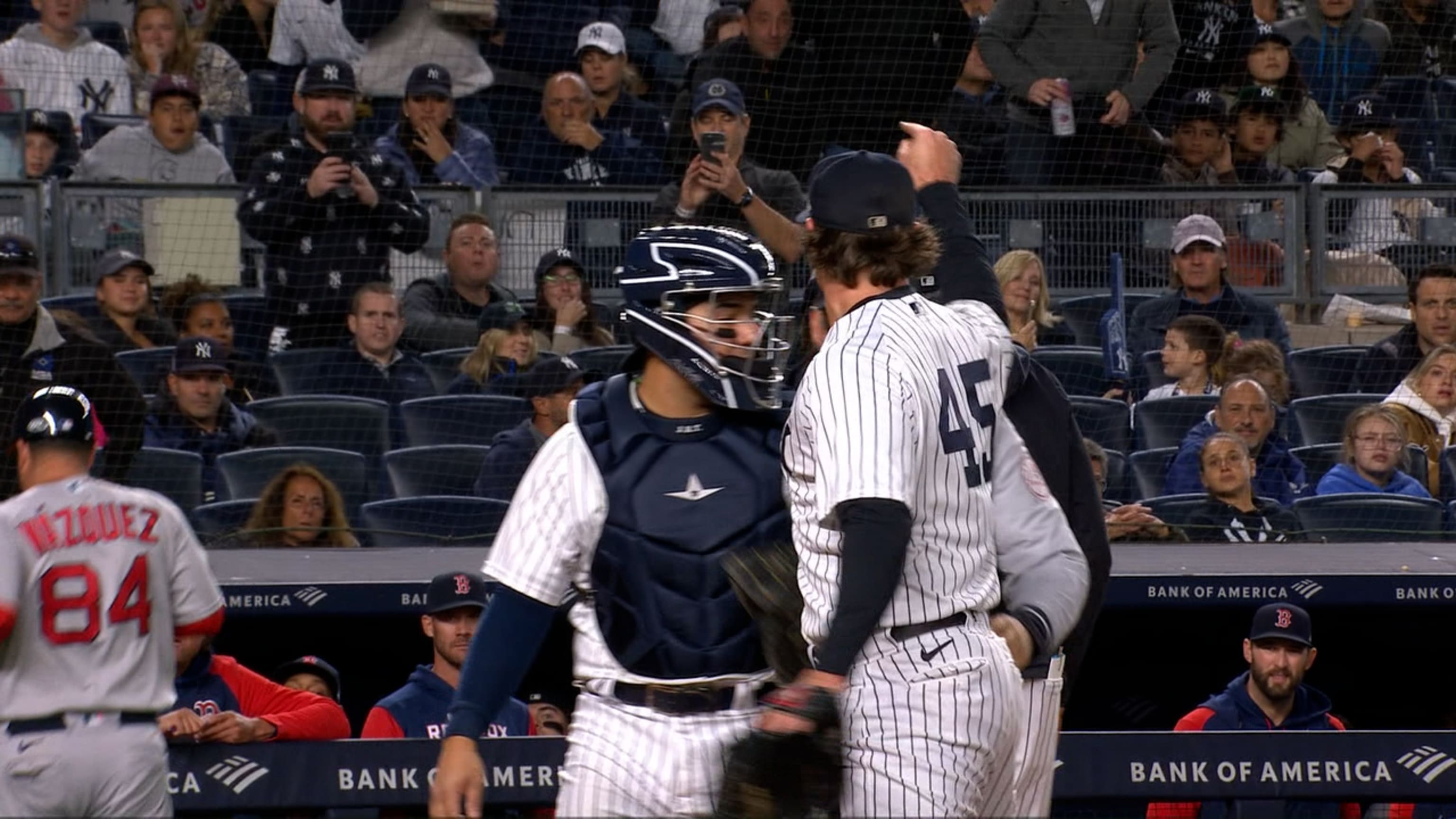 Jose Trevino of the New York Yankees makes the out at home plate