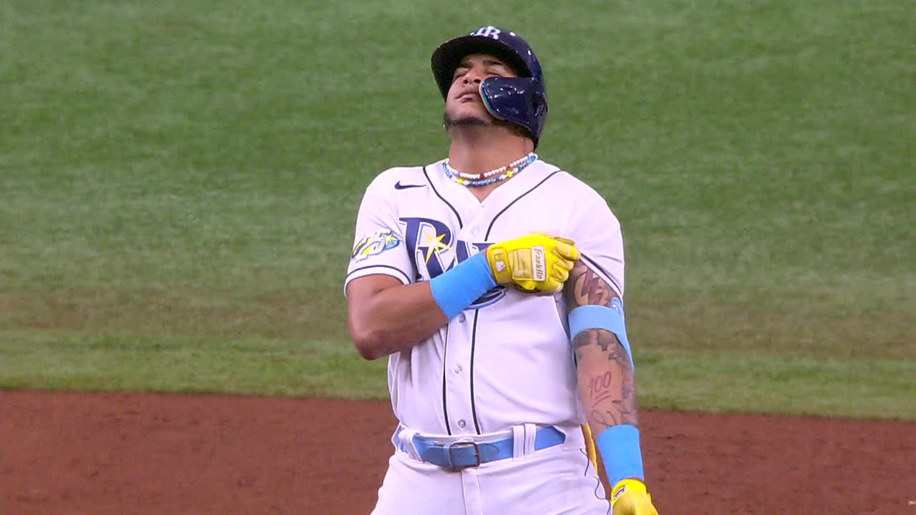 St. Petersburg, United States. 22nd June, 2021. Tampa Bay Rays infielders Wander  Franco (L) and Yandy Diaz (R) talk during a pitching change in the third  inning of a baseball game at