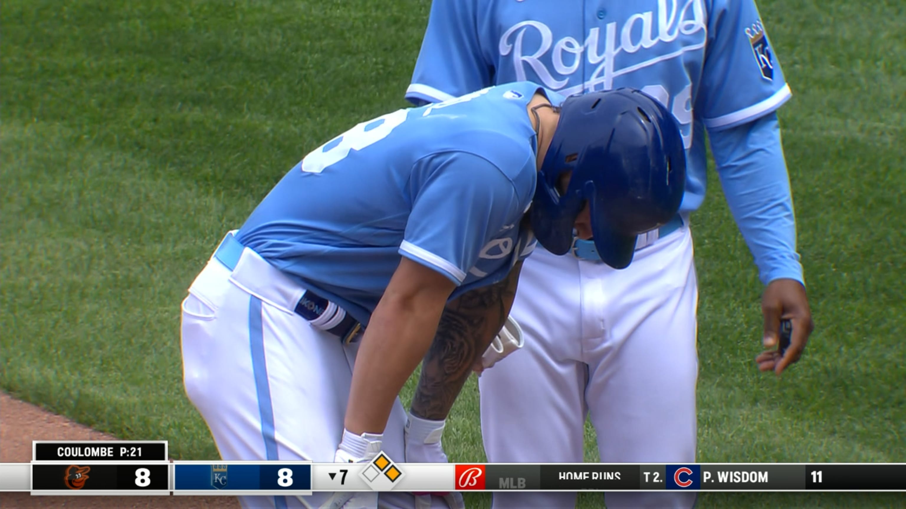 Kansas City Royals batter Freddy Fermin looks back at the scoreboard after  striking out during the seventh inning of a baseball game against the  Baltimore Orioles in Kansas City, Mo., Thursday, May