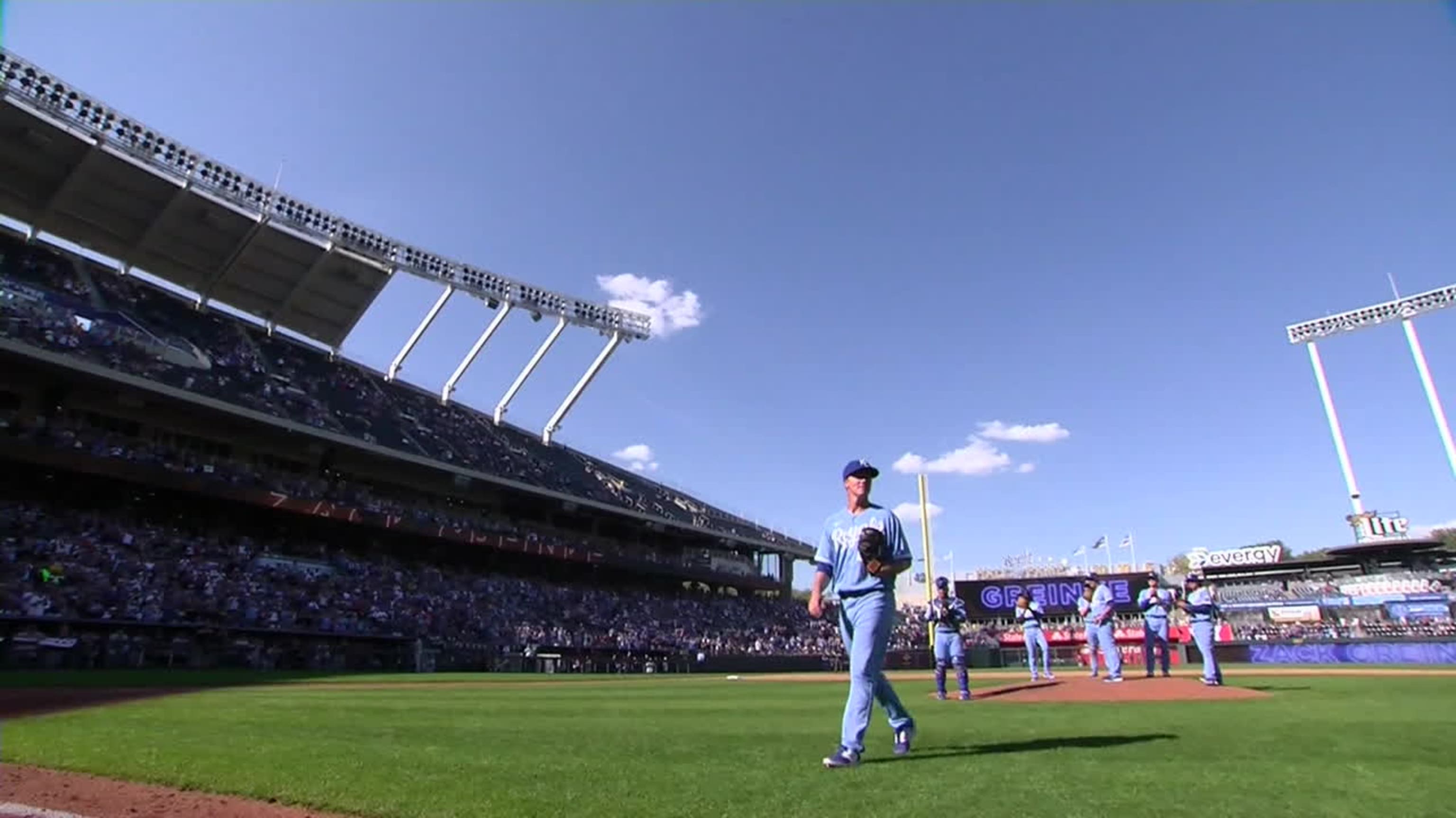 KANSAS CITY, MO - APRIL 18: Kansas City Royals center fielder Kyle Isbel  (28) during an MLB game between the Texas Rangers and Kansas City Royals on  April 18, 2023 at Kauffman