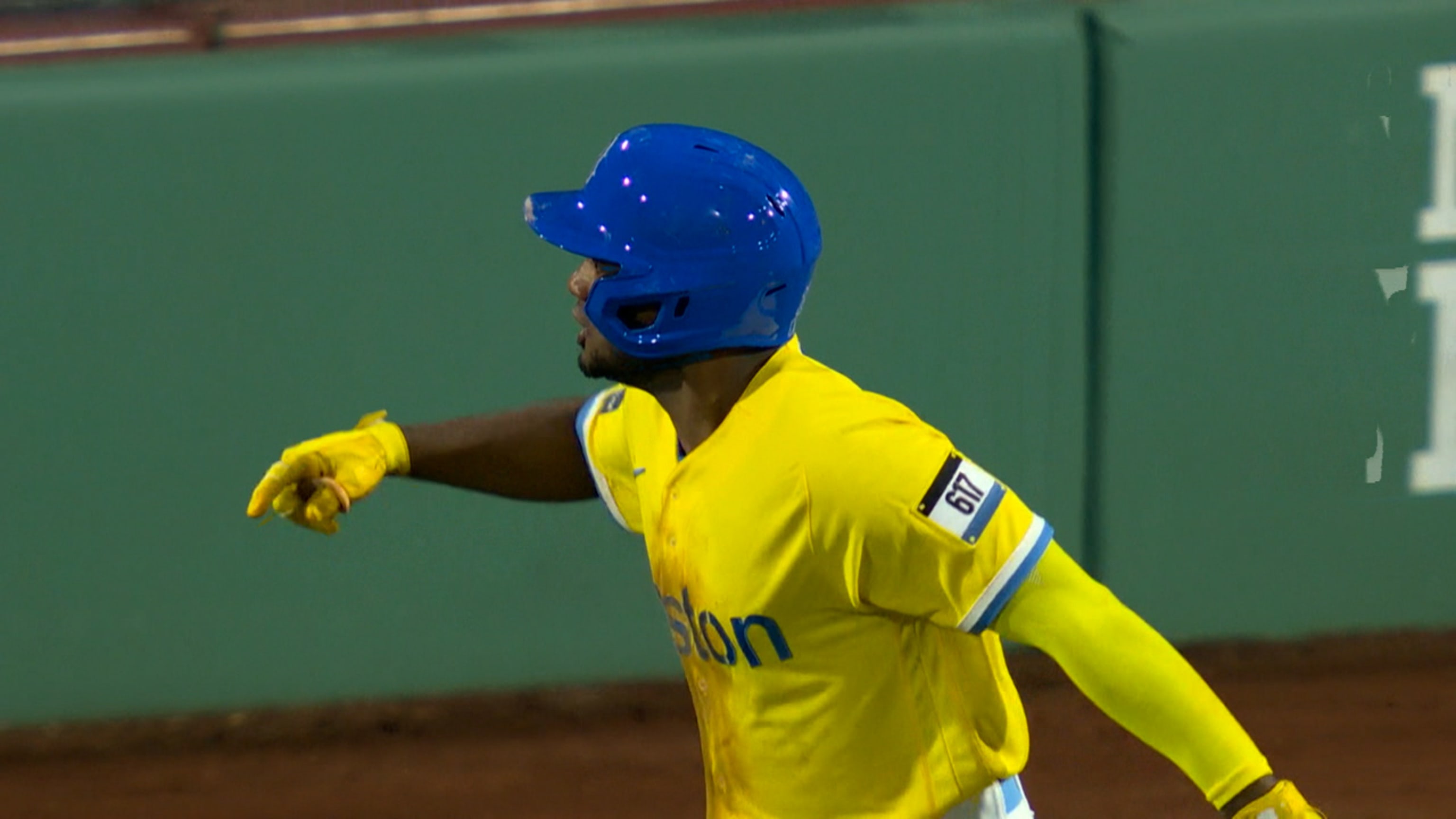 Boston Red Sox SS Pablos Reyes celebrates his walk-off grand slam