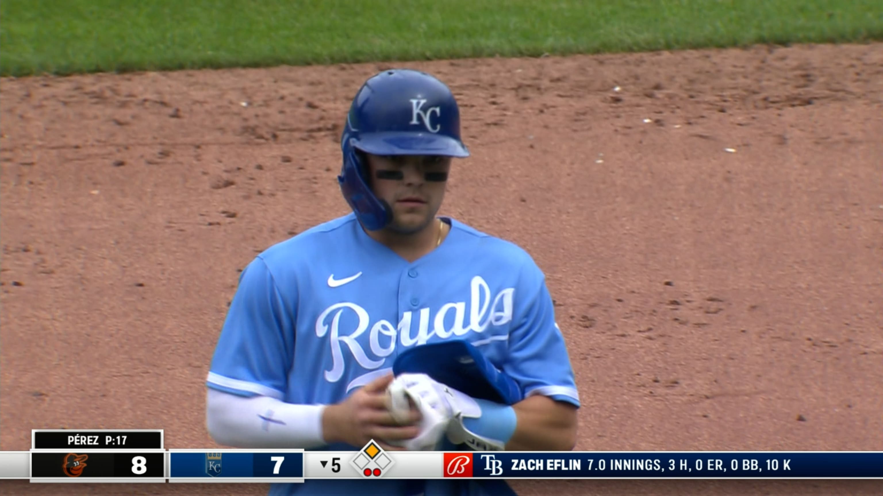 Kansas City Royals batter Freddy Fermin looks back at the scoreboard after  striking out during the seventh inning of a baseball game against the  Baltimore Orioles in Kansas City, Mo., Thursday, May