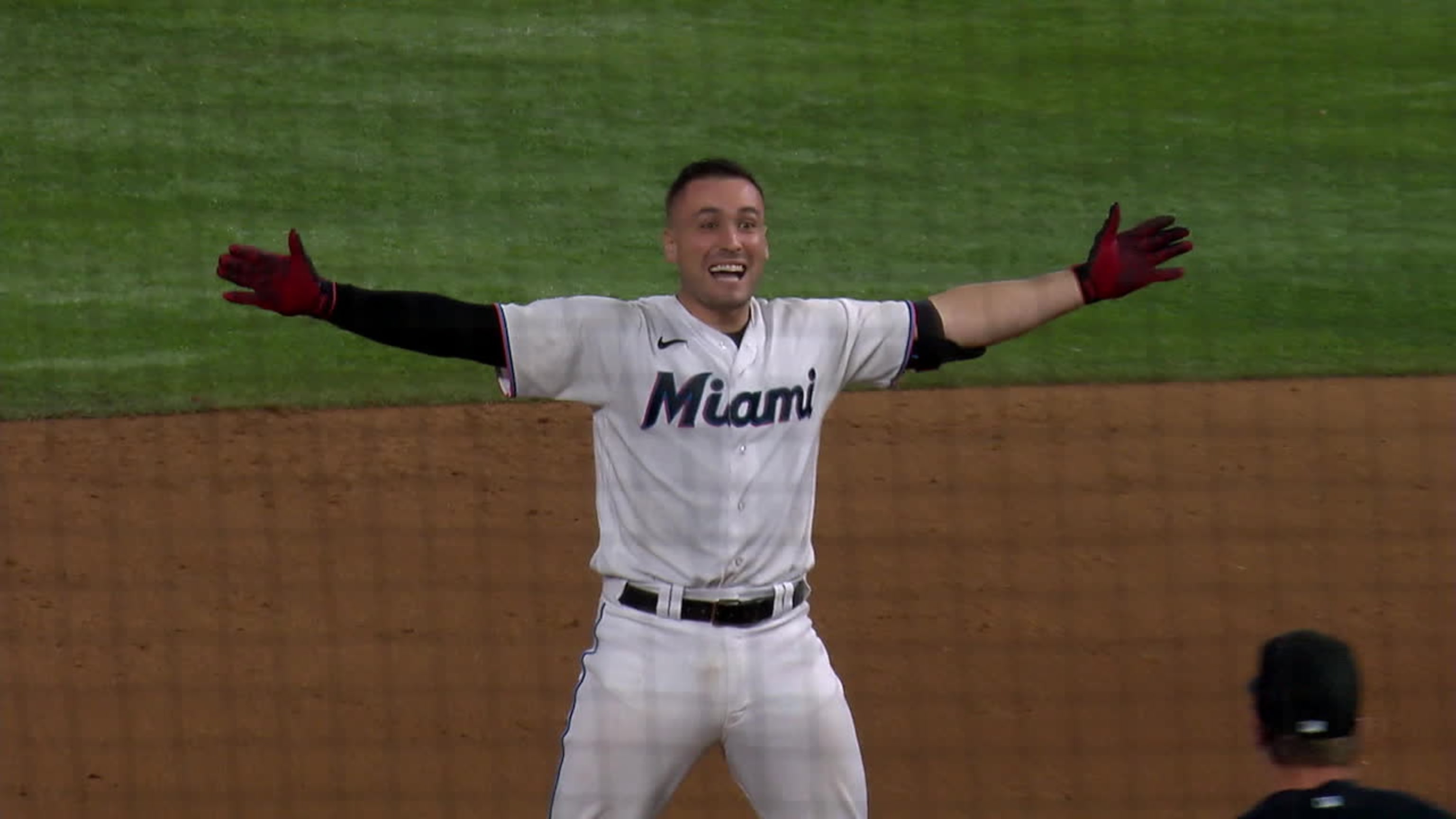 Nick Fortes of the Miami Marlins connects for a two run home run