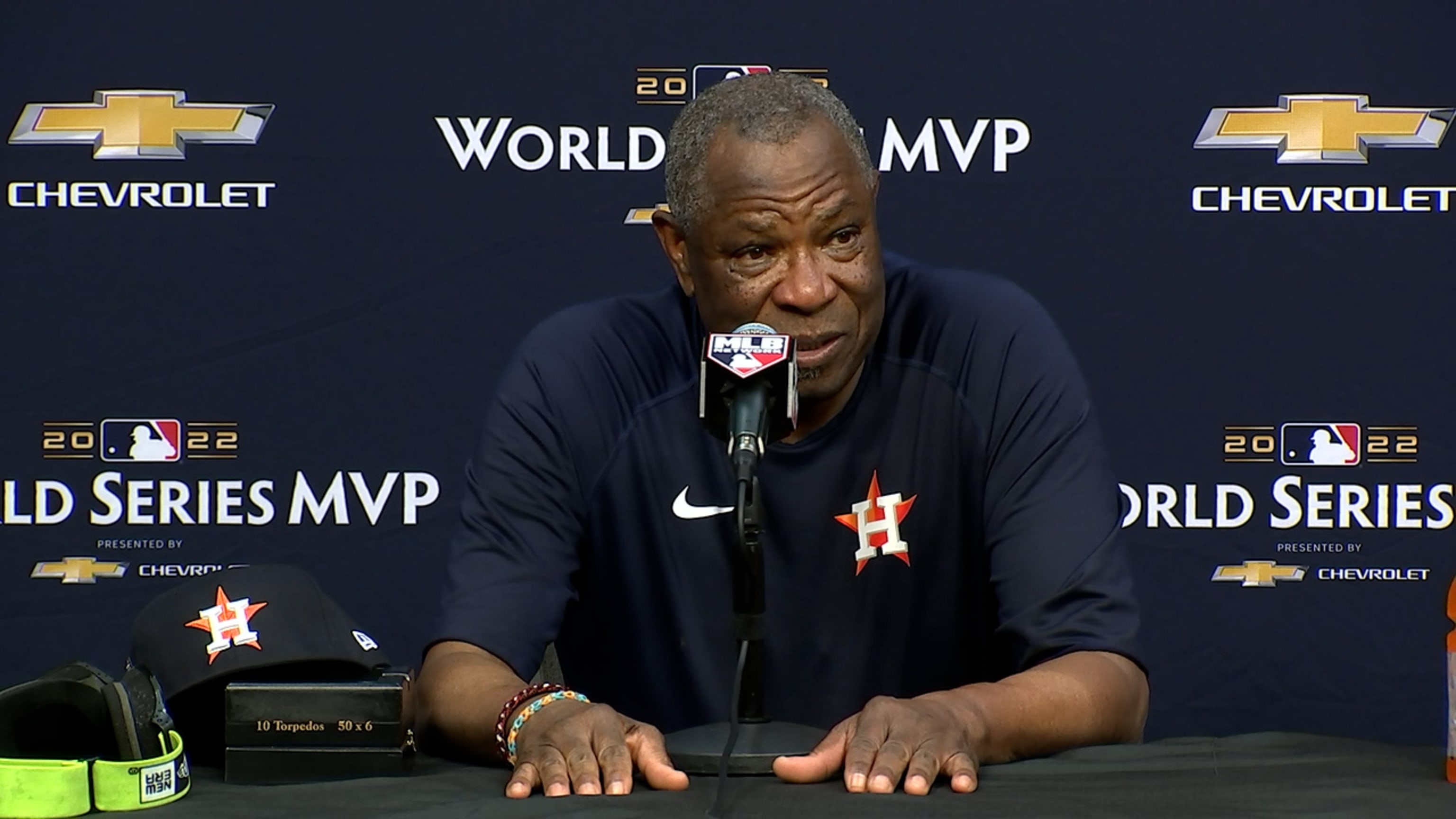 Houston Astros manager Dusty Baker Jr., right, presents a jersey to  President Joe Biden during an event celebrating the 2022 World Series  champion Houston Astros baseball team, in the East Room of