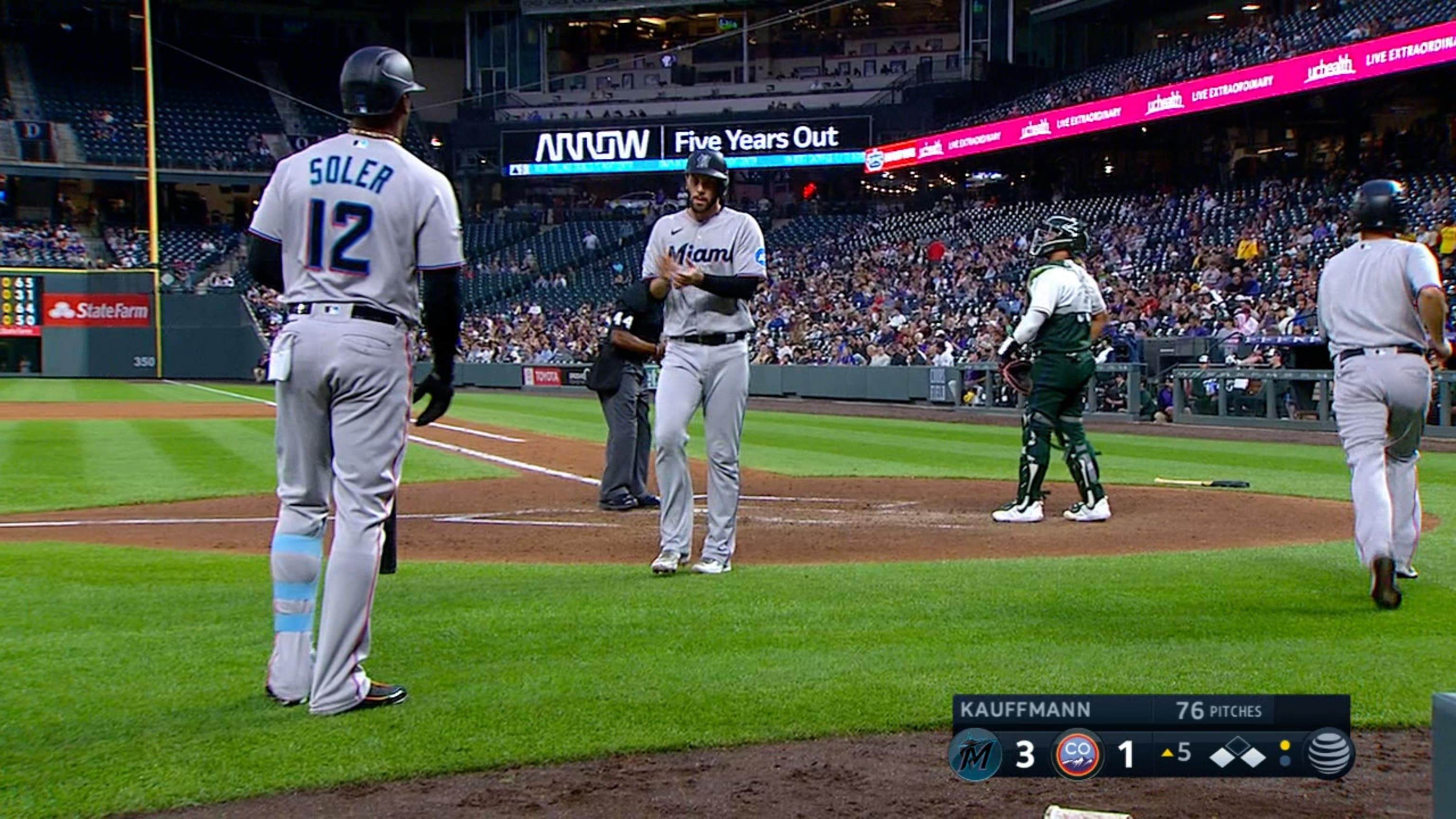 Miami Marlins' Yuli Gurriel looks on during the fourth inning in