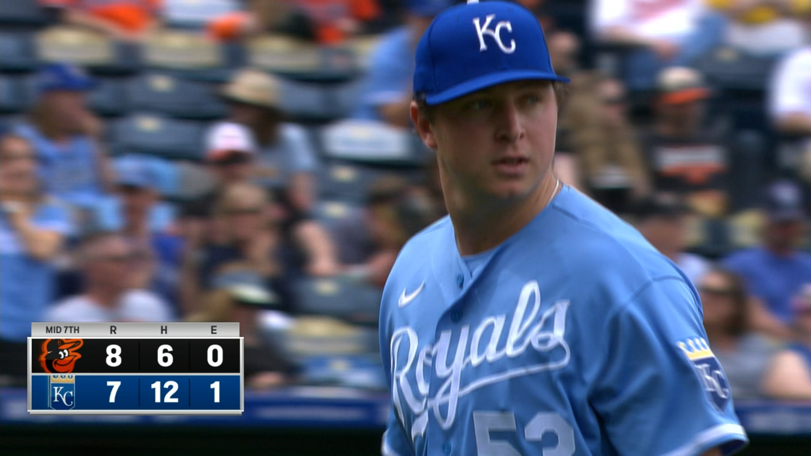 Kansas City Royals batter Freddy Fermin looks back at the scoreboard after  striking out during the seventh inning of a baseball game against the  Baltimore Orioles in Kansas City, Mo., Thursday, May