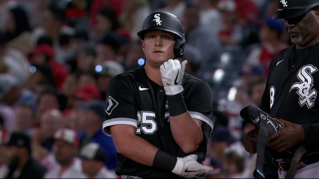 Andrew Vaughn of the Chicago White Sox hits a RBI single in the