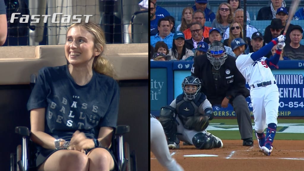 Who is the blonde lady behind the home plate at Dodger Stadium