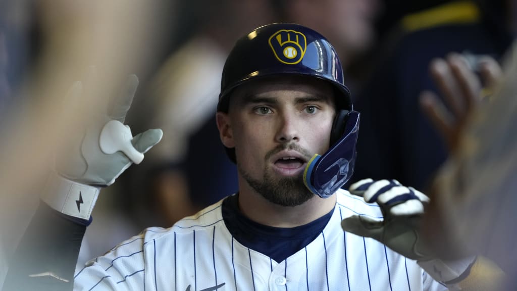 Caleb Durbin of the Milwaukee Brewers celebrates after hitting a home run during his breakout 2025 season