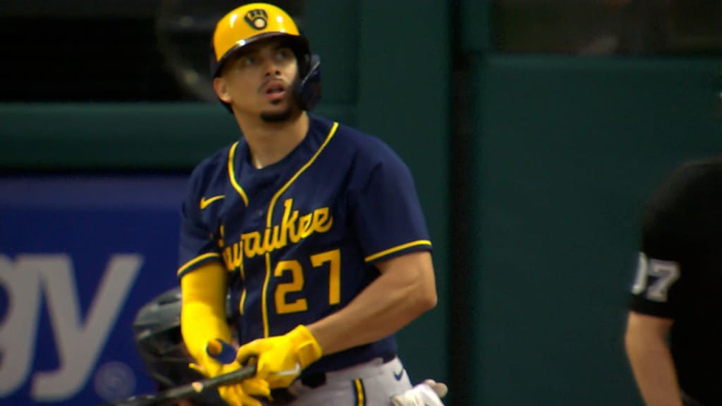 Willy Adames of the Milwaukee Brewers hits a three run homerun in