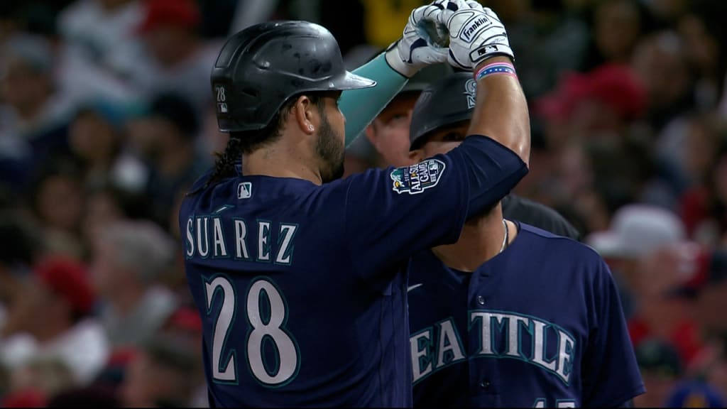 Eugenio Suarez of the Seattle Mariners at bat against the Miami