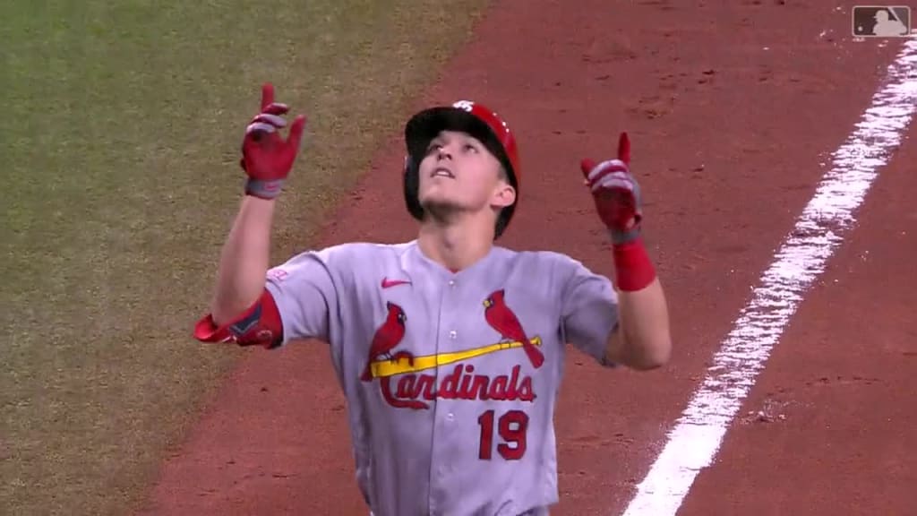 Tommy Edman of the St. Louis Cardinals celebrates a solo home run