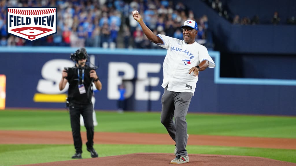 Field View: Joe Carter throws out the first pitch