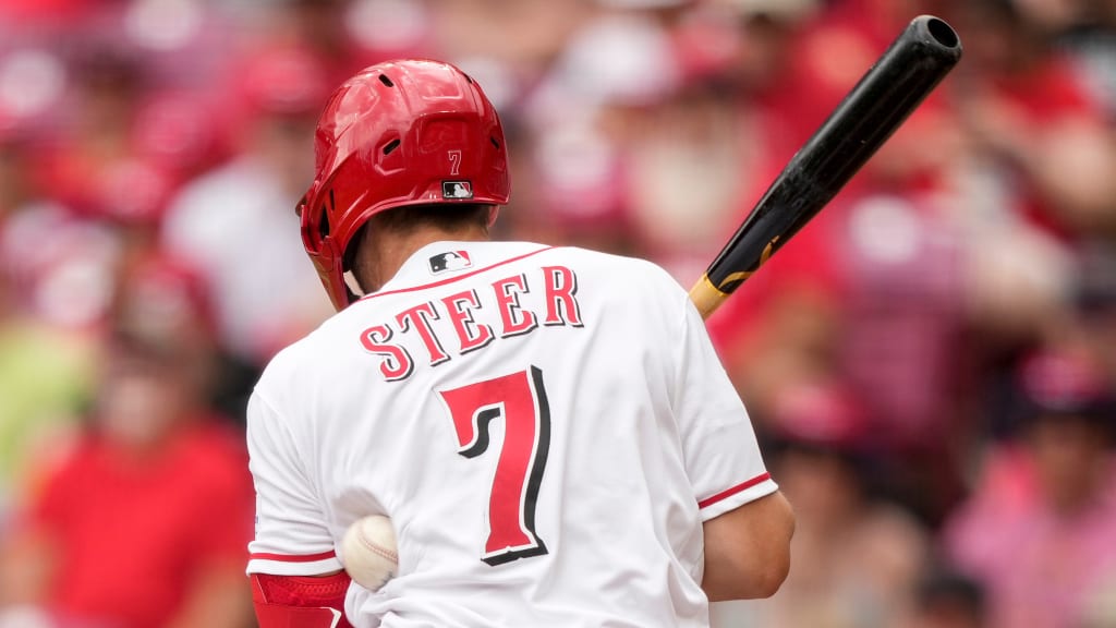Spencer Steer gets hit by a pitch