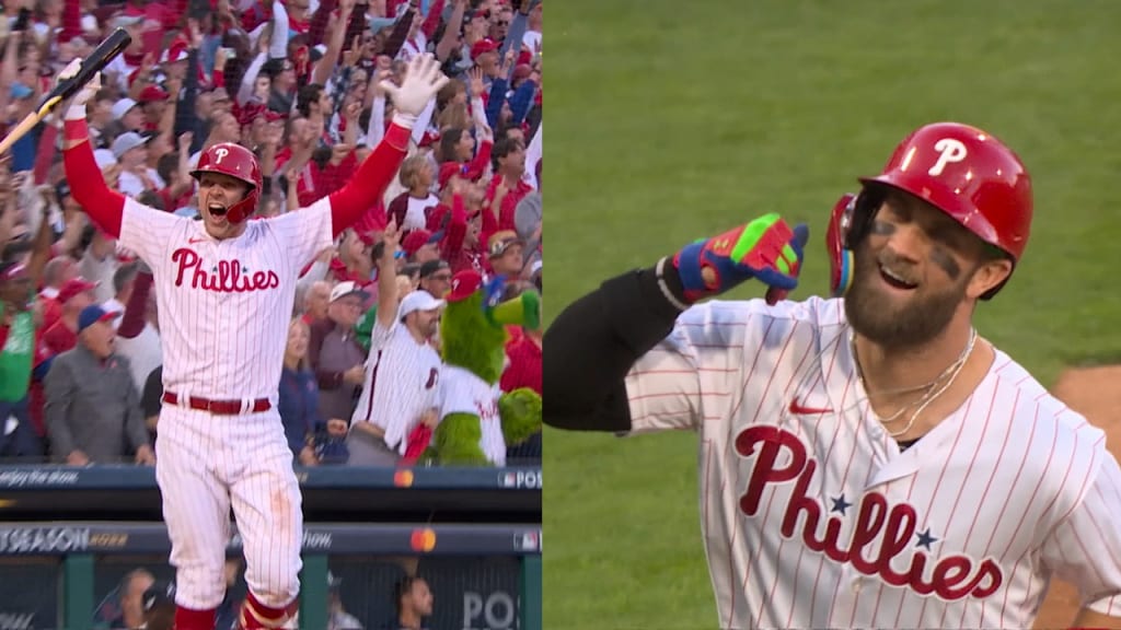 St. Petersburg, United States. 06th Apr, 2022. St. Petersburg, FL USA:  Philadelphia Phillies designated hitter Bryce Harper (3) is fist bumped by  first baseman Rhys Hoskins (17) after homering in the first