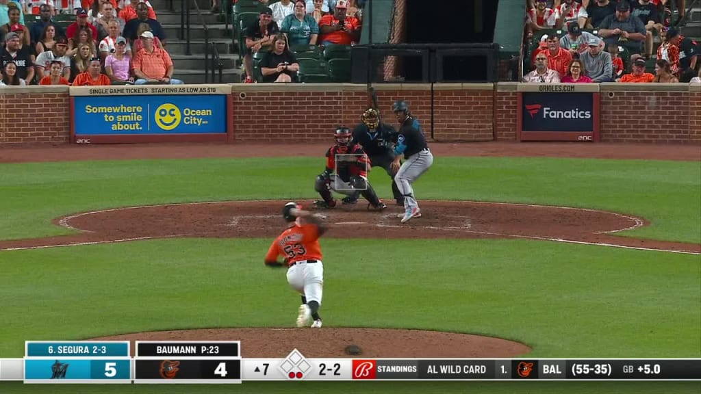 Jean Segura triples 2 on a sharp fly ball to right fielder Aaron Hicks deflected by center fielder Colton Cowser