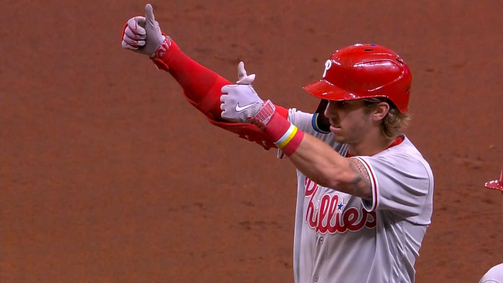 Bryson Stott of the Philadelphia Phillies hits a single during the