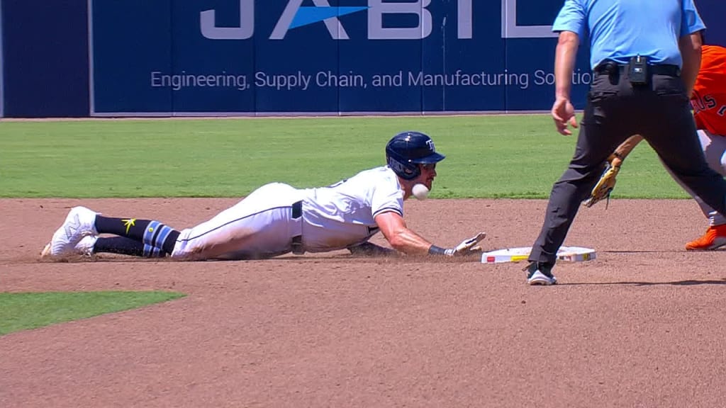 Josh Lowe gets hit in the helmet at second