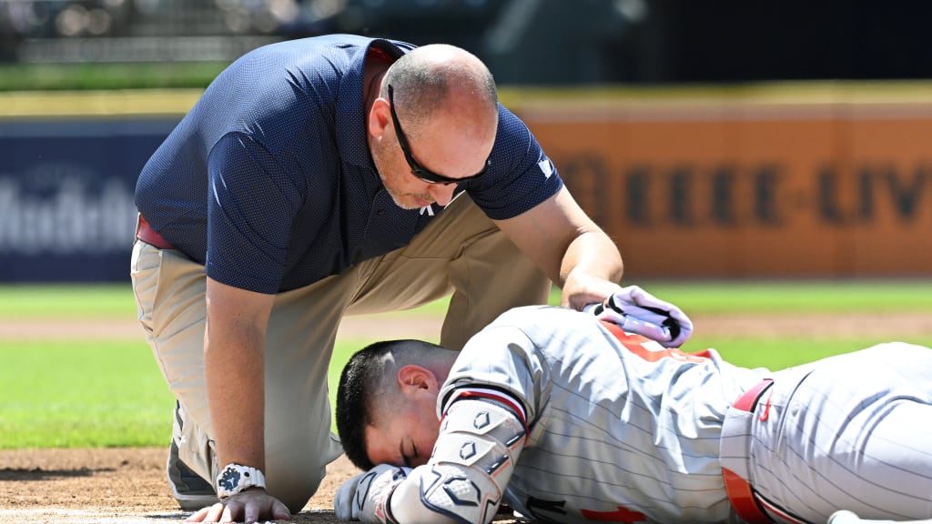 Jose Miranda leaves the game after hit-by-pitch