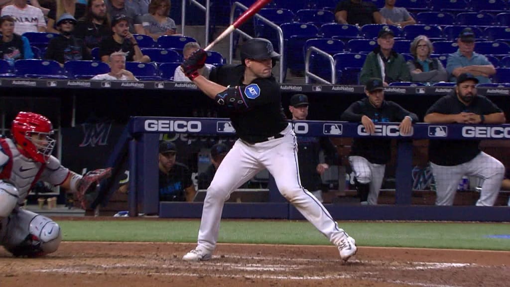 Nick Fortes of the Miami Marlins connects for a two run home run