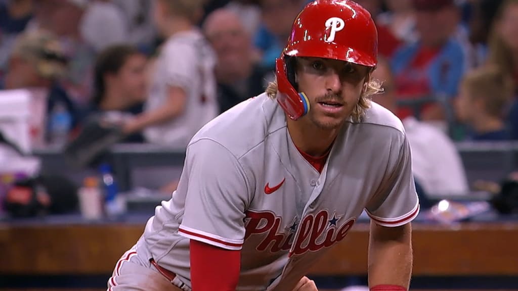 Bryson Stott of the Philadelphia Phillies hits a single during the