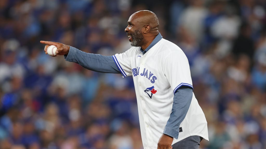 Devon White throws out the first pitch before Game 6