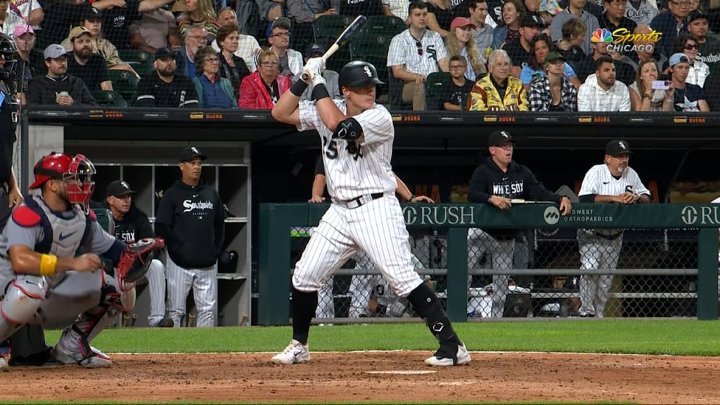 Andrew Vaughn of the Chicago White Sox hits a RBI single in the