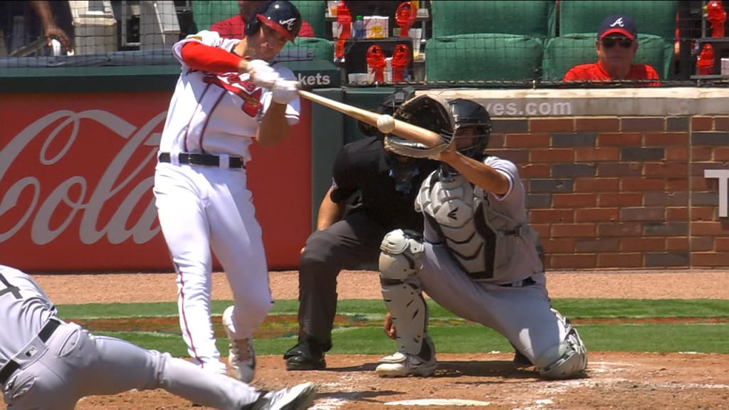 Matt Olson of the Atlanta Braves hits a RBI single in the first