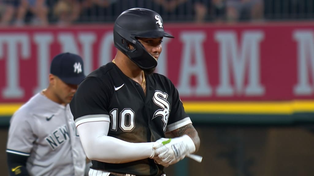 Chicago White Sox's Yoan Moncada gestures after hitting an RBI double  during the first inning of the team's baseball game against the Houston  Astros in Chicago, Friday, July 16, 2021. (AP Photo/Nam