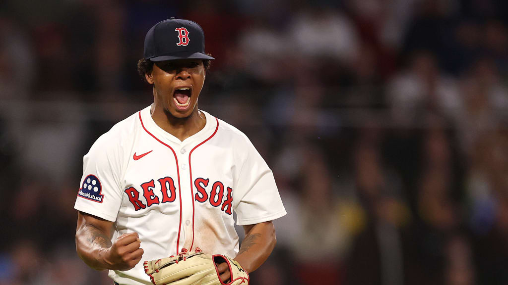 Brayan Bello celebrates an inning-ending strikeout