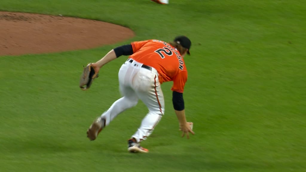 Baltimore Orioles third baseman Gunnar Henderson throws to first