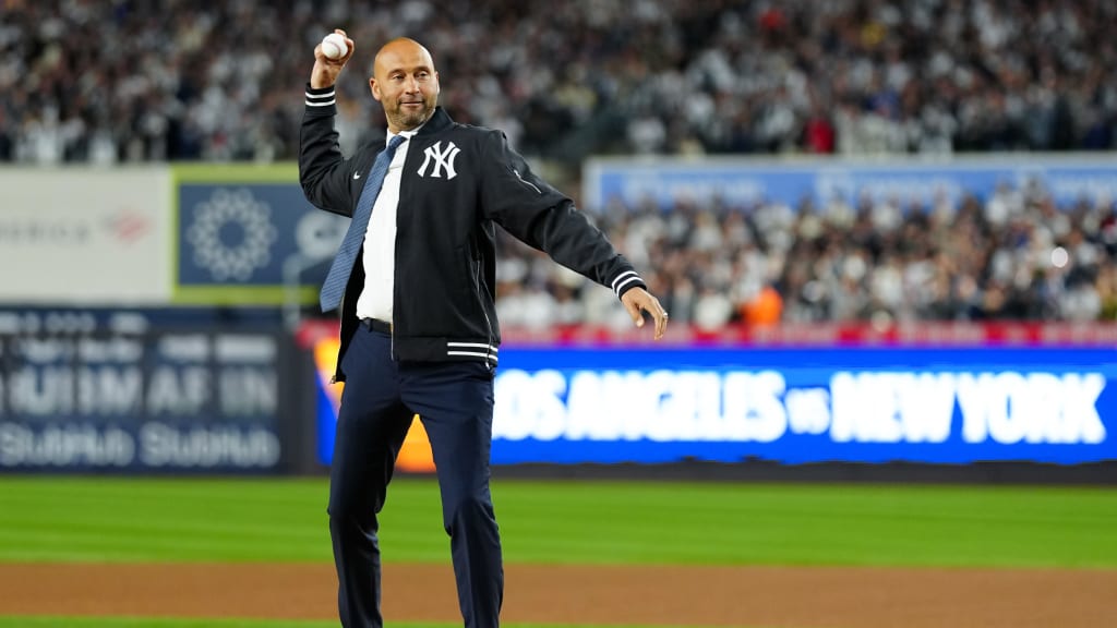Derek Jeter throws out the first pitch before Game 3