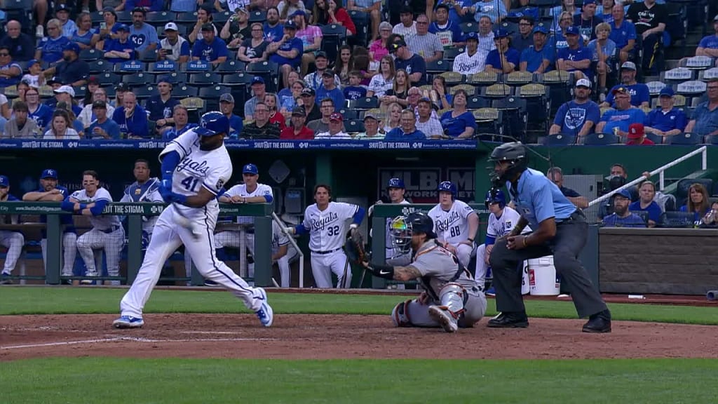 FILE - Kansas City Royals' Jackie Bradley Jr., wearing a gladiator style  helmet, is greeted in the dugout after hitting a two-run home run against  the Detroit Tigers Monday, May 22, 2023