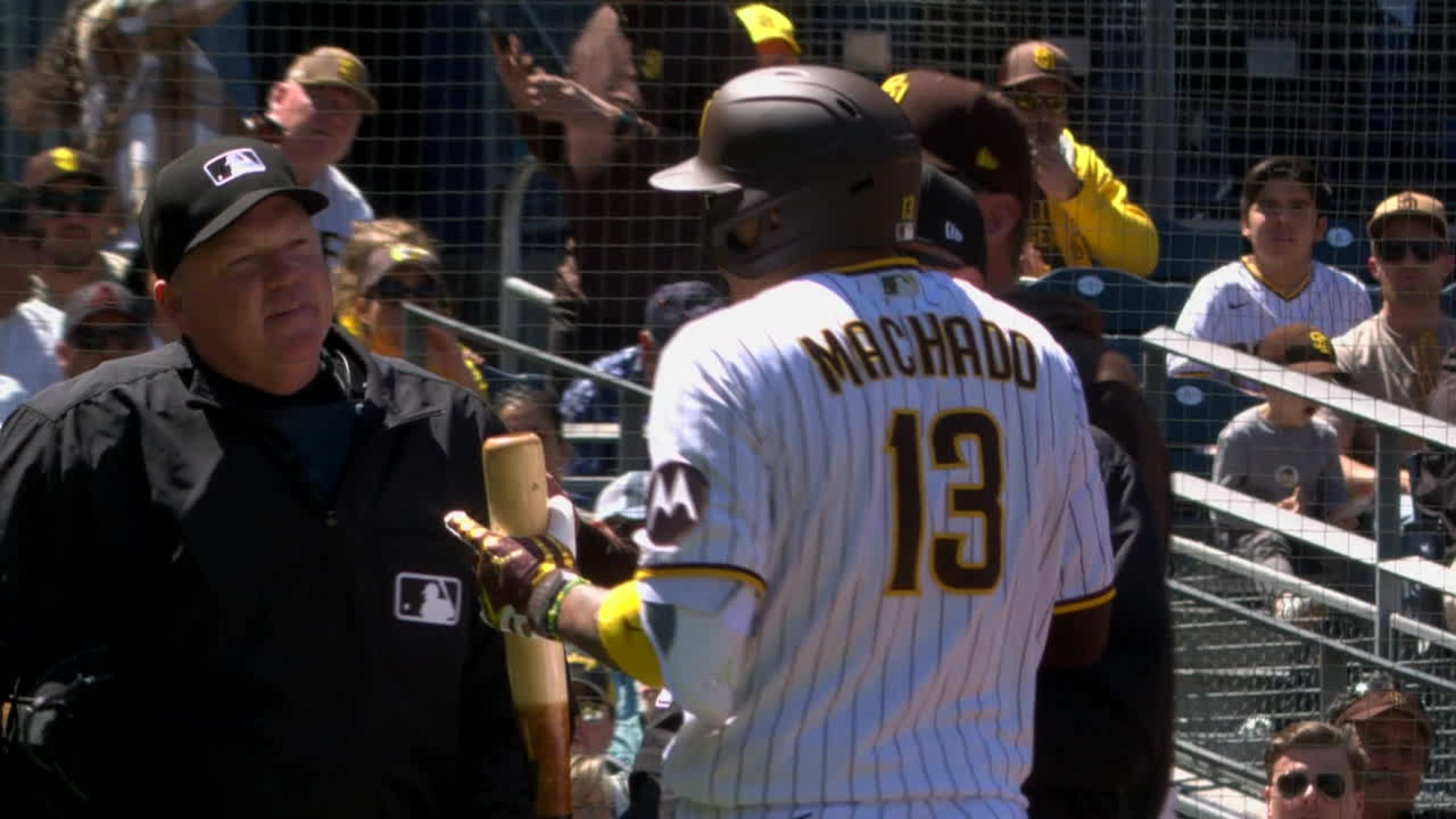 San Diego Padres third baseman Manny Machado strikes out looking