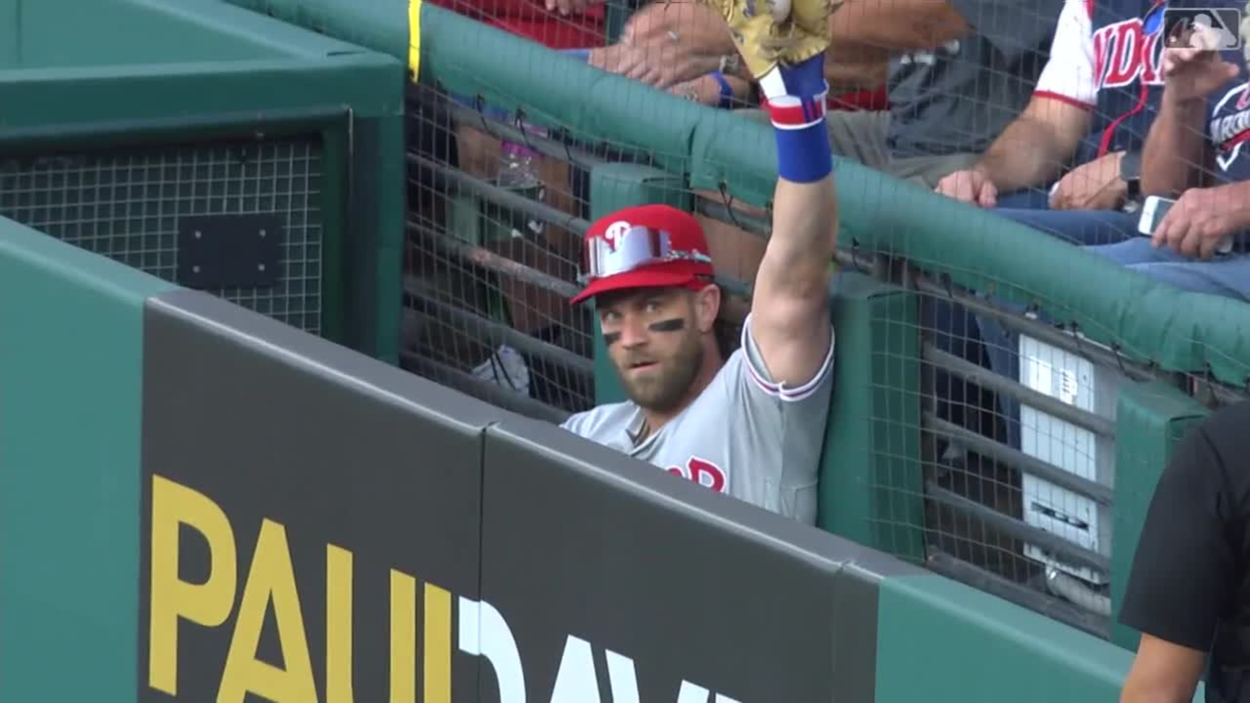 Phillies' Bryce Harper makes first MLB start at first base, flips into  camera well to make catch vs. Guardians 