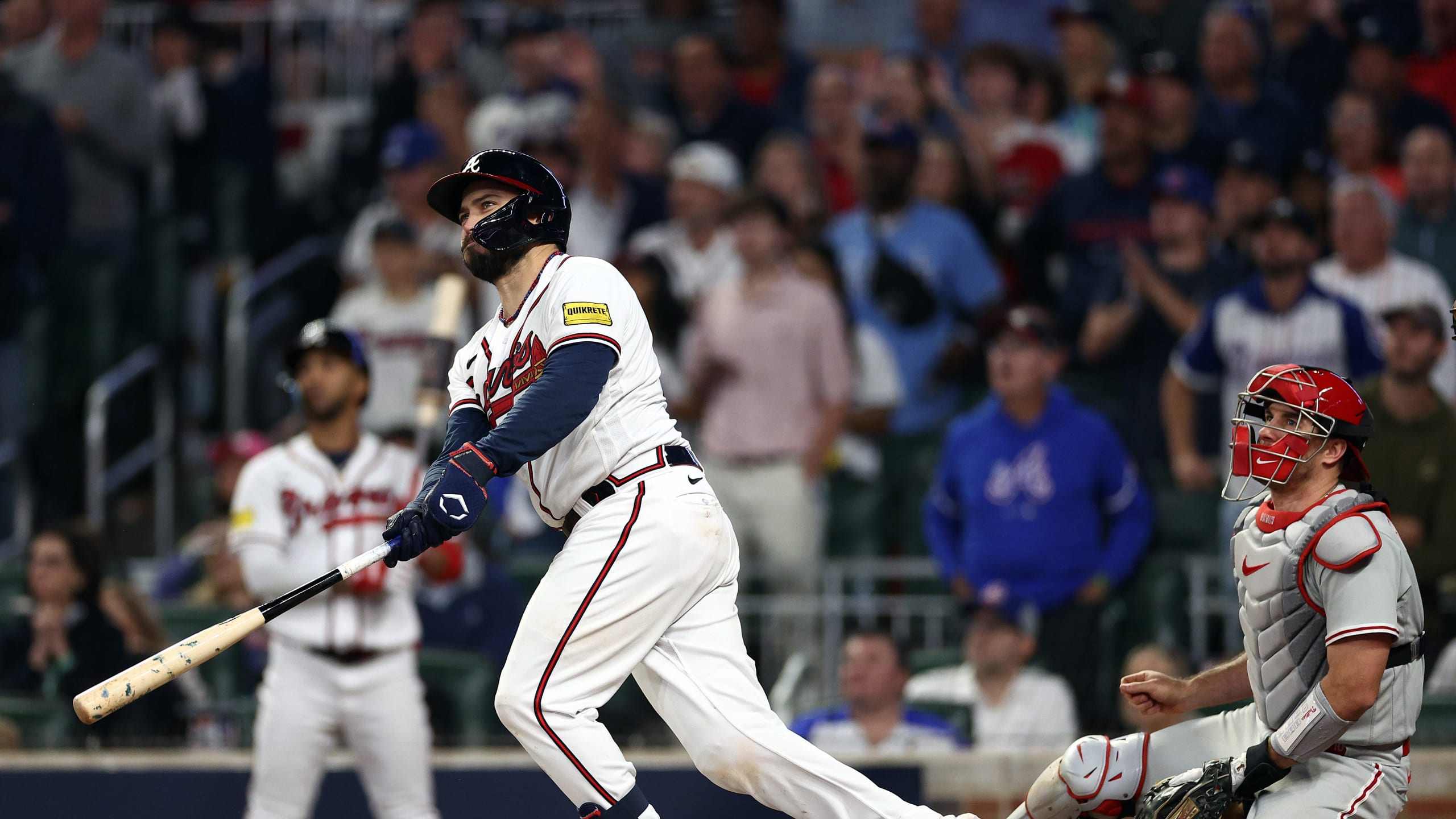 April 28, 2022: Atlanta Braves outfielder Marcell Ozuna looks towards the  outfield while at bat during the sixth inning of a MLB game against the  Chicago Cubs at Truist Park in Atlanta