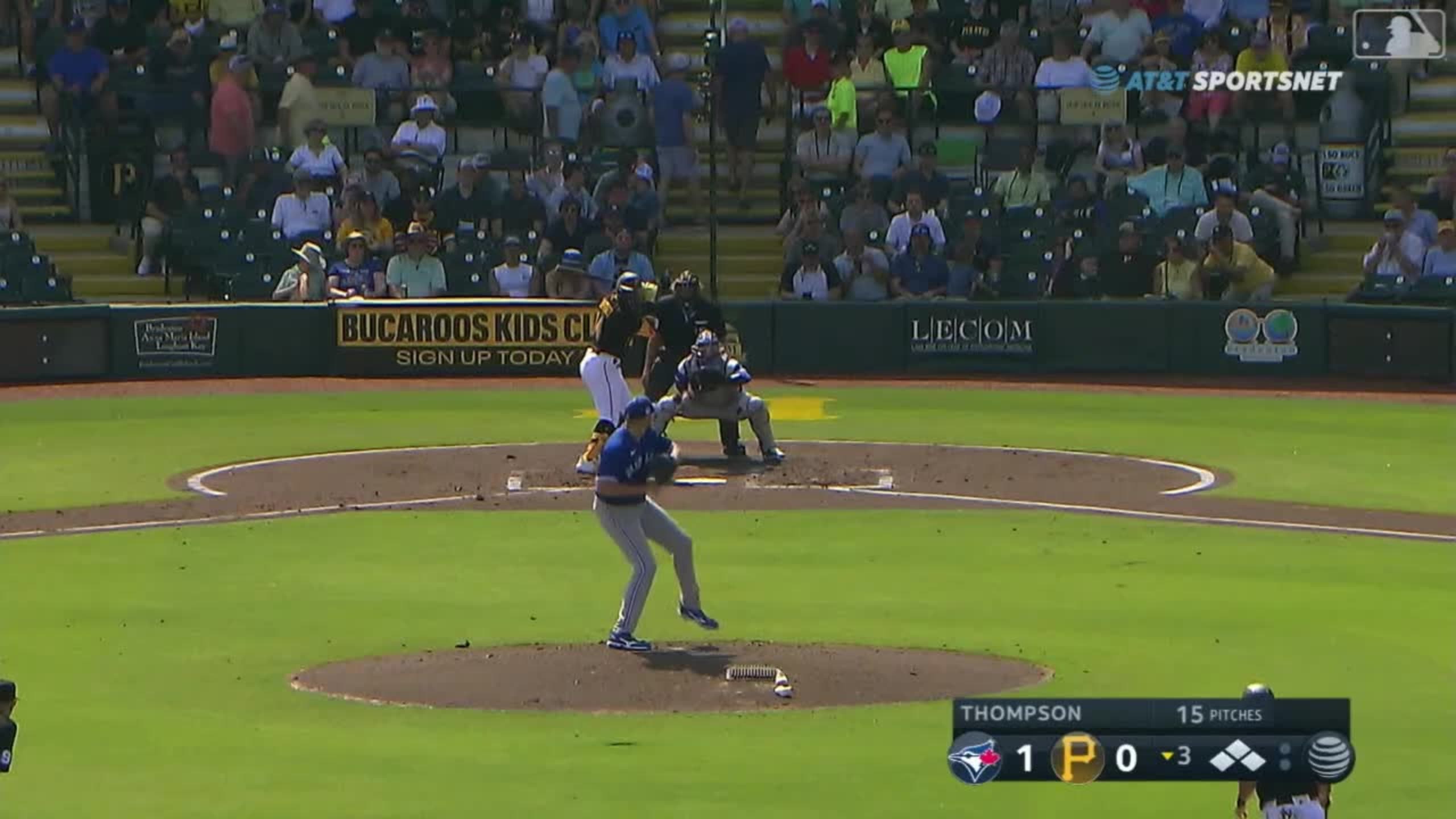 BRADENTON, FL - MARCH 07: Pittsburgh Pirates first baseman Endy Rodriguez  (25) fields his position during an MLB Spring Training game against the  Toronto Blue Jays on March 07, 2023 at LECOM