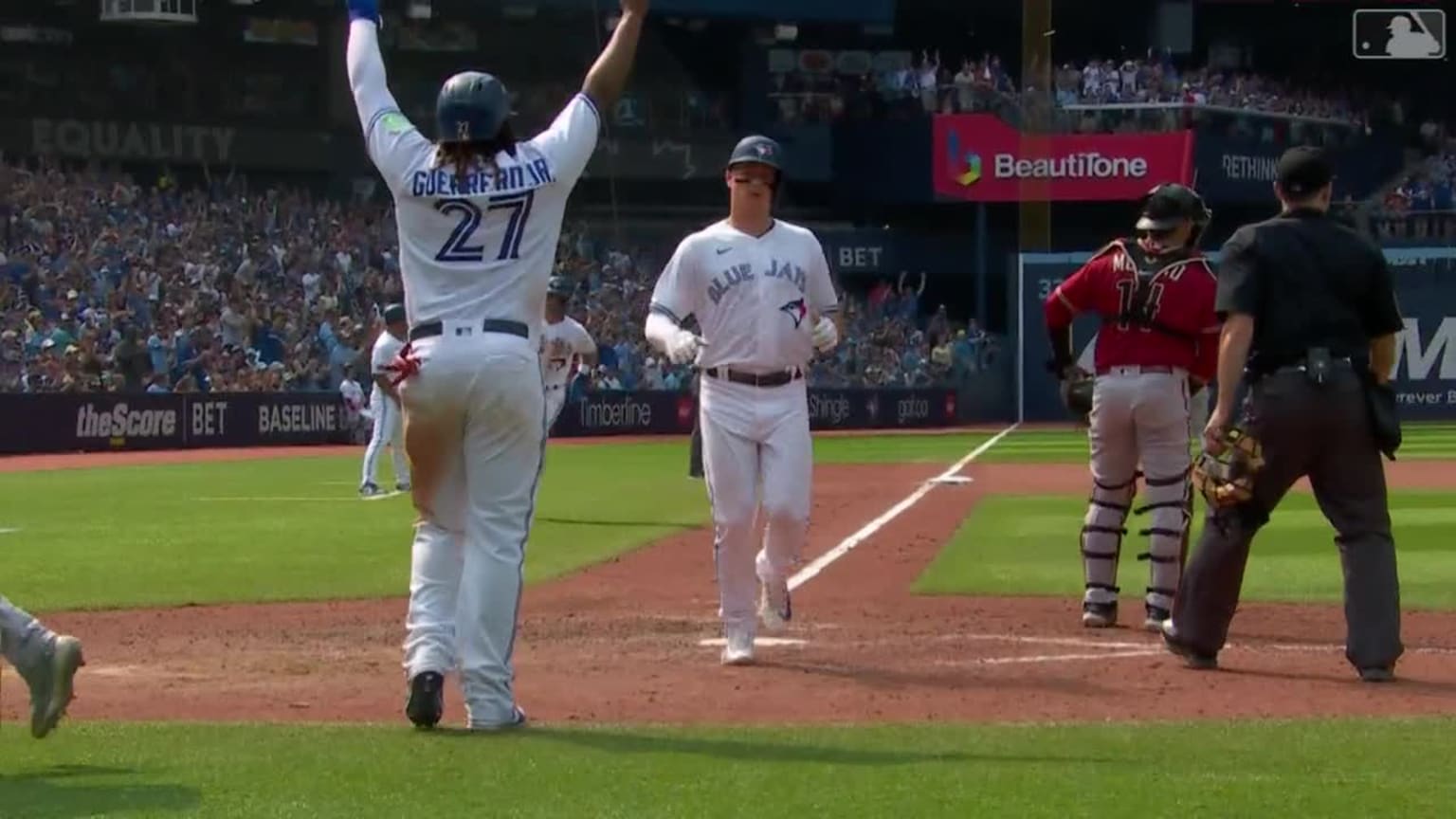 Toronto, Can. 16th July, 2023. Toronto Blue Jays' Danny Jansen sets off  from home plate after hitting a three RBI double off Arizona Diamondbacks  relief pitcher Scott McGough, not shown, during eighth