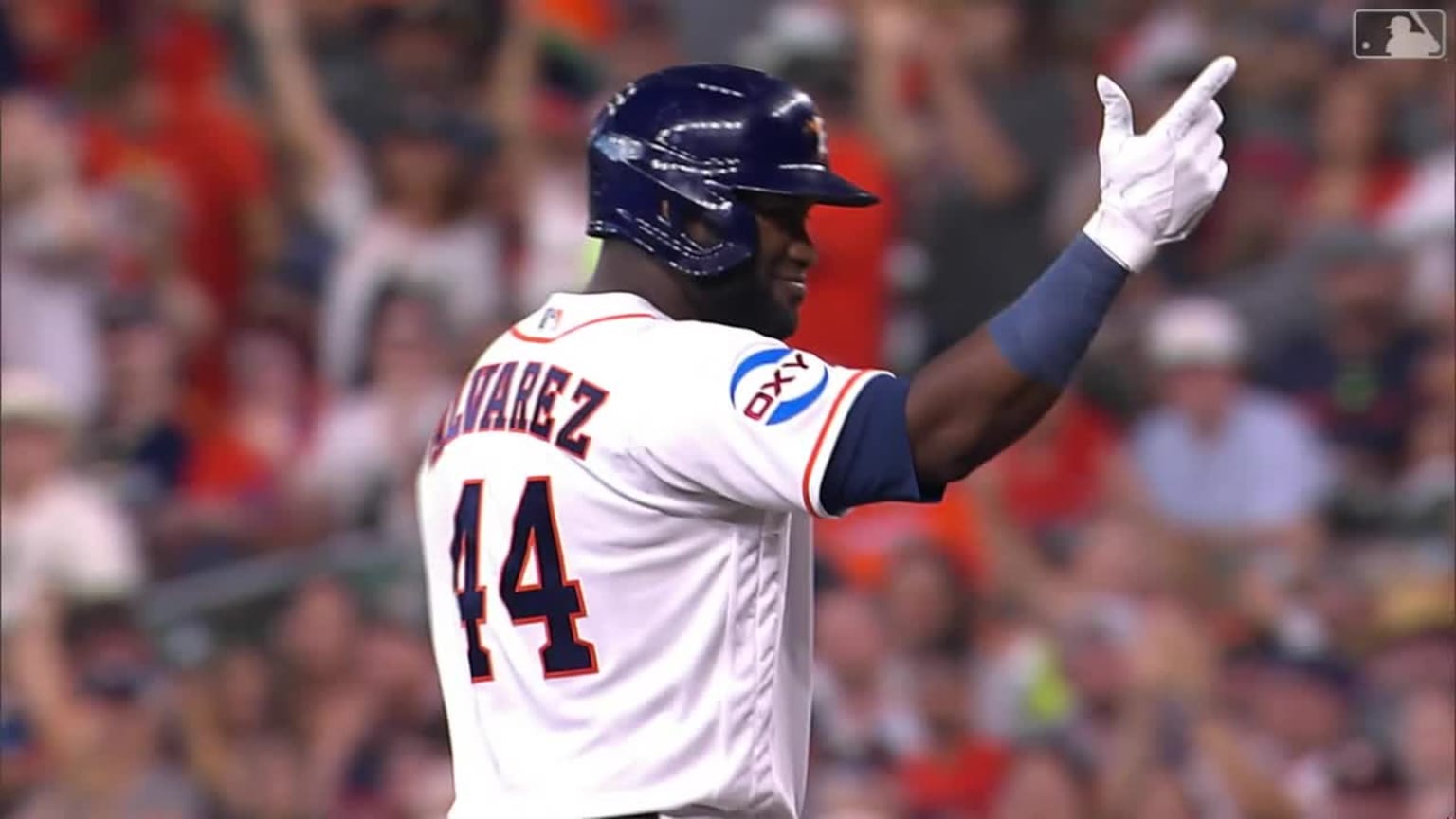 New York, United States. 23rd Oct, 2022. Houston Astros Jordan Alvarez hits  an rbi single in the seventh inning against the New York Yankees in game  four of their American League Championship