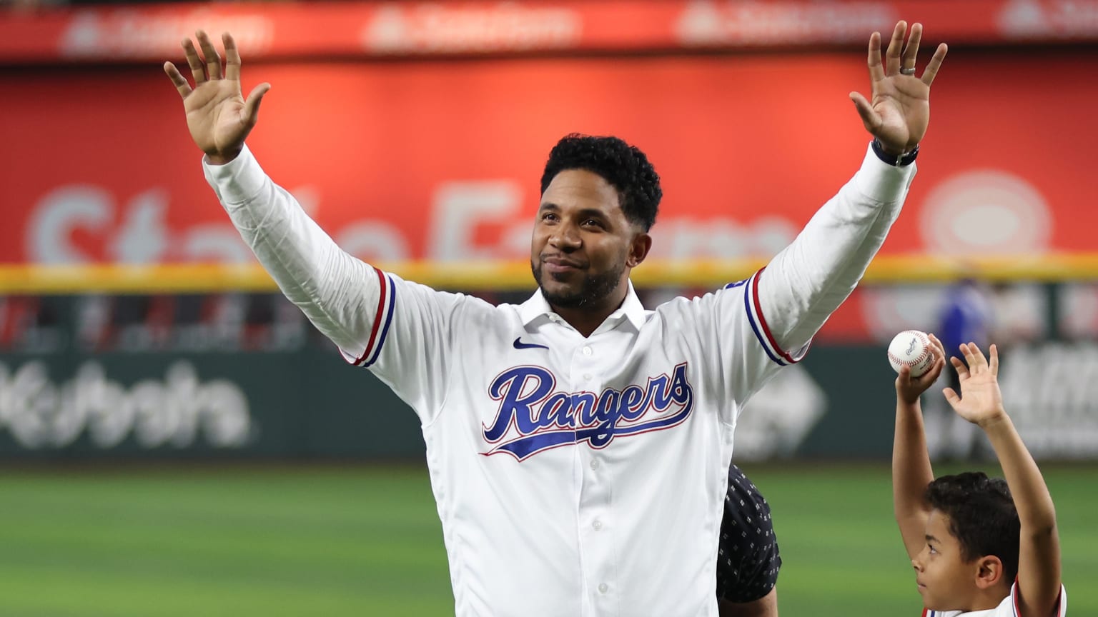 Elvis Andrus honored with ceremonial first pitch | 09/06/2024 | Texas ...