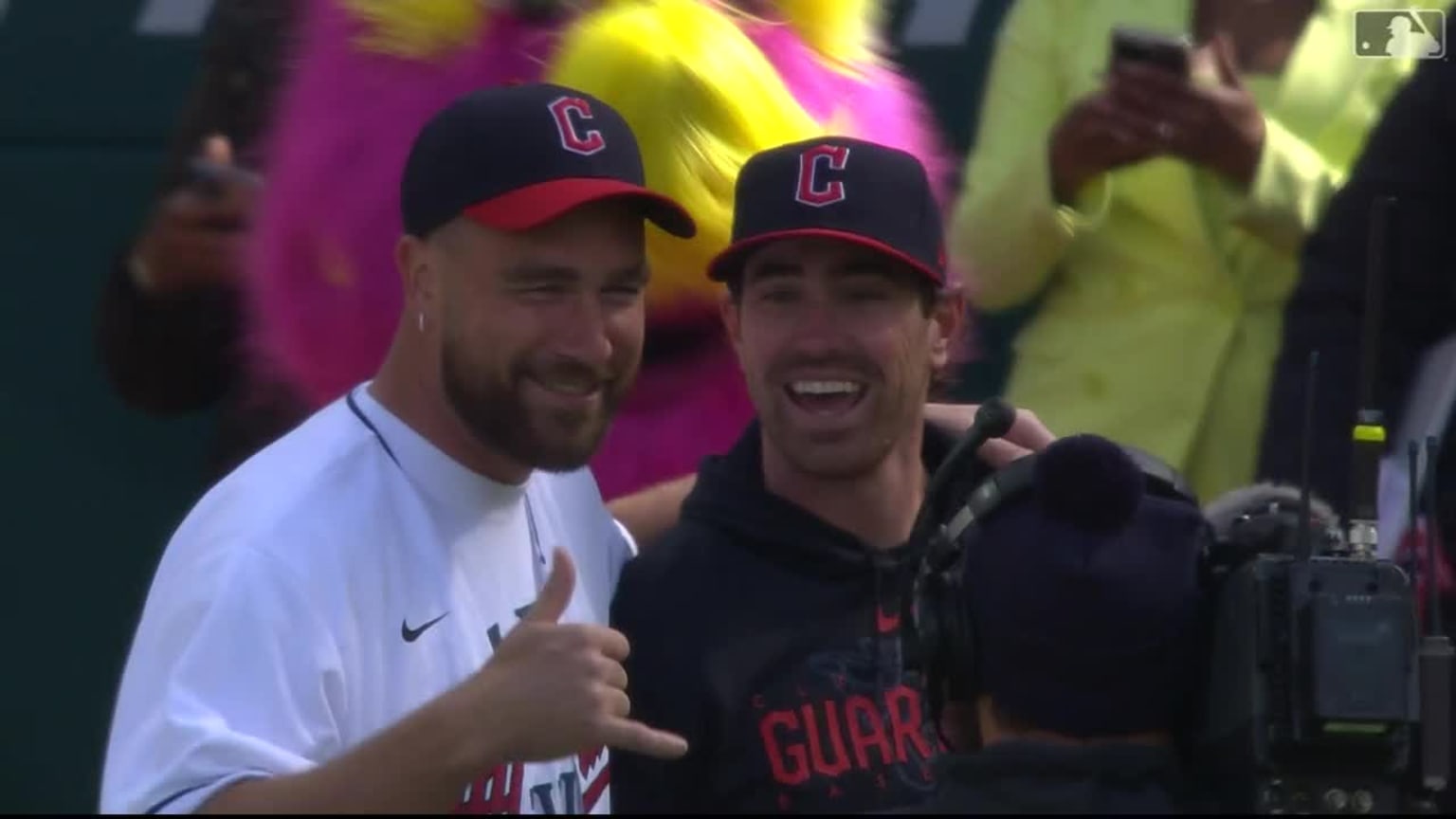 Travis Kelce spikes the ceremonial first pitch 04/07/2023 Cleveland
