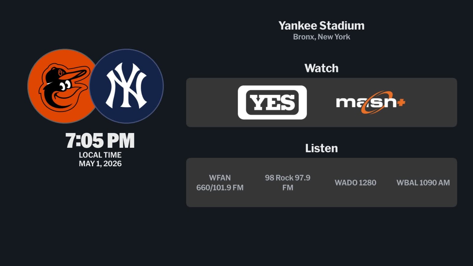 Orioles at Yankees - May 1, 2026: Tune In | 04/29/2026 | MLB.com