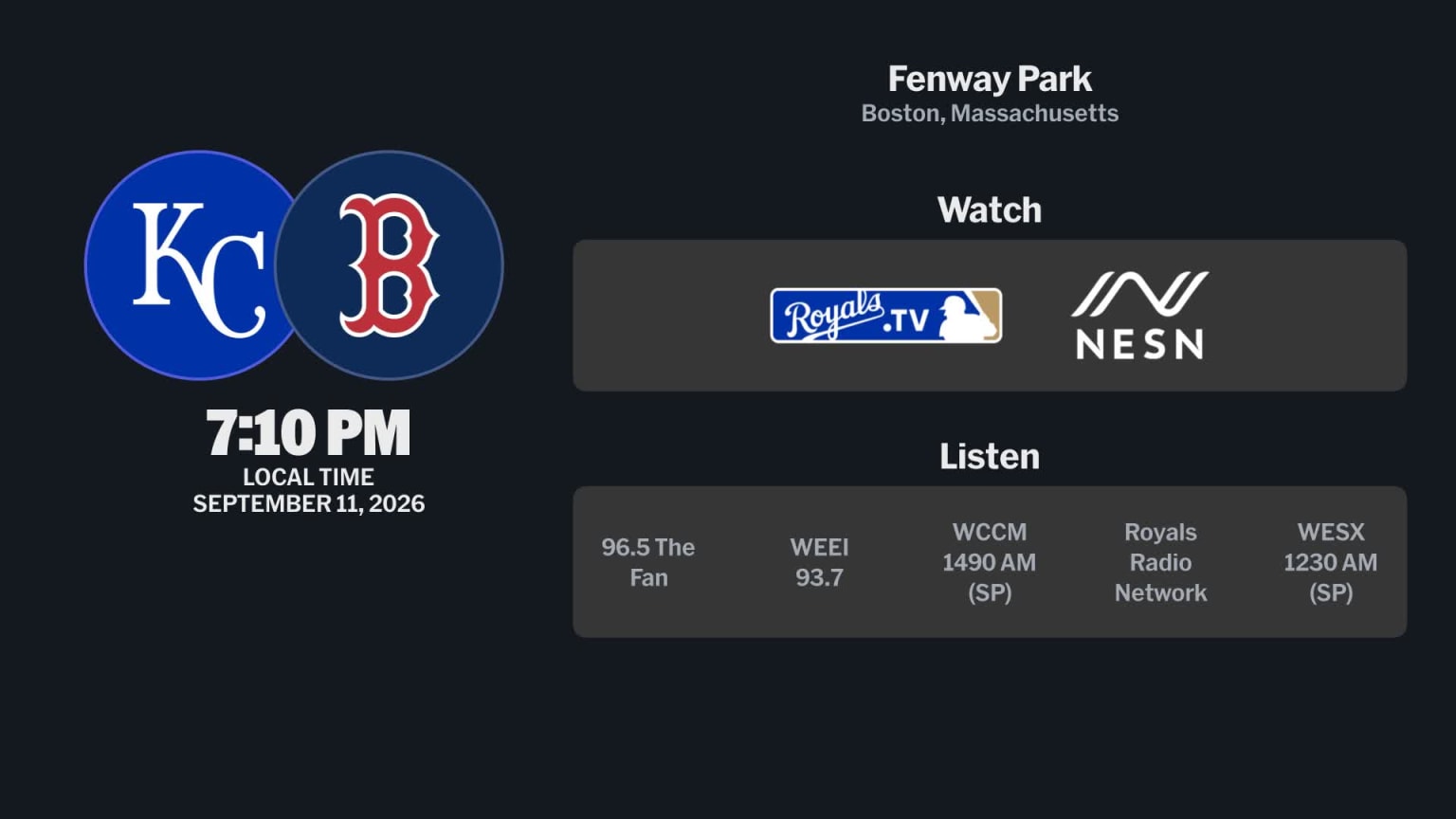 Royals at Red Sox - September 11, 2026: Tune In | 09/09/2026 | MLB.com