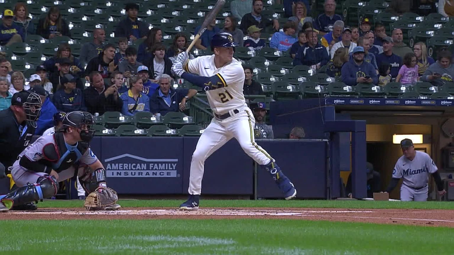 Milwaukee Brewers left fielder Mark Canha bats during an MLB game