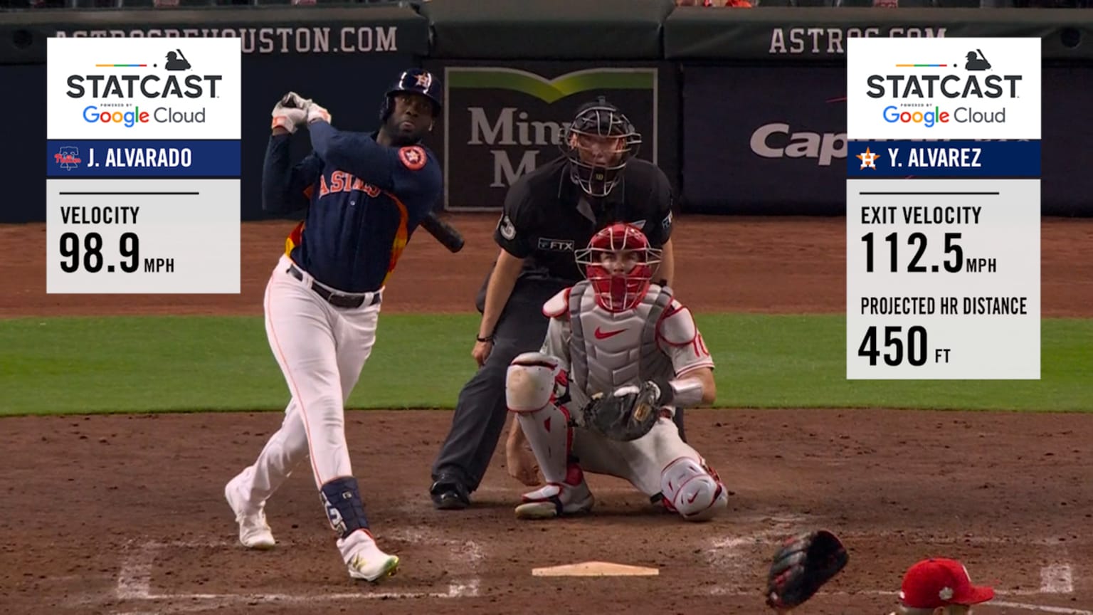 Yordan Alvarez 3rd Home Run of the Postseason #Astros #MLB Distance: 450ft  Exit Velocity: 113 MPH Launch Angle: 27° Pitch: 99mph Sinker…