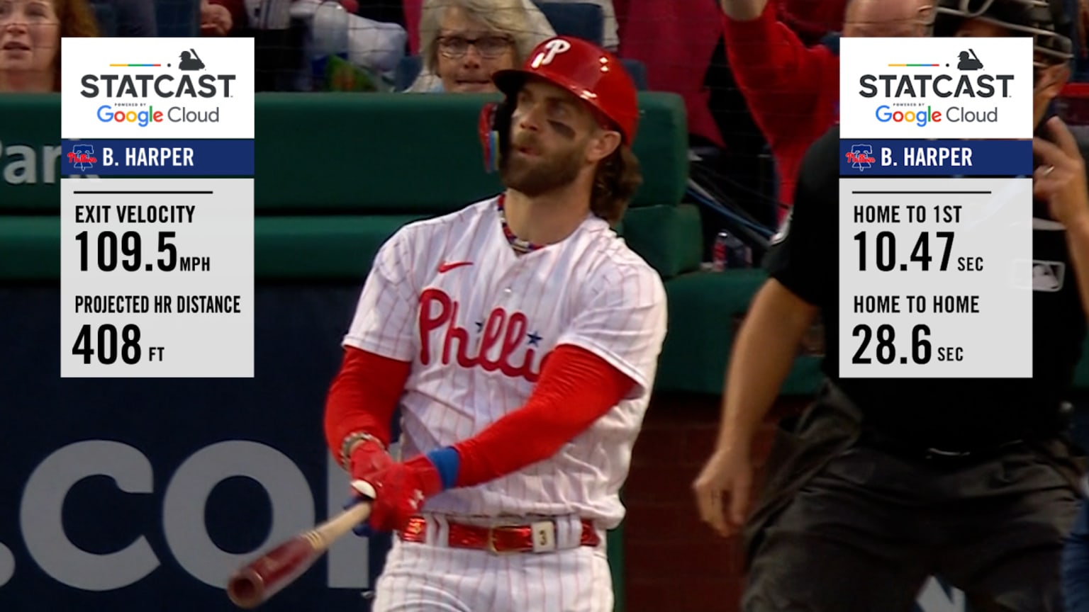 Measuring the stats on Bryce Harper's home run, 10/21/2023