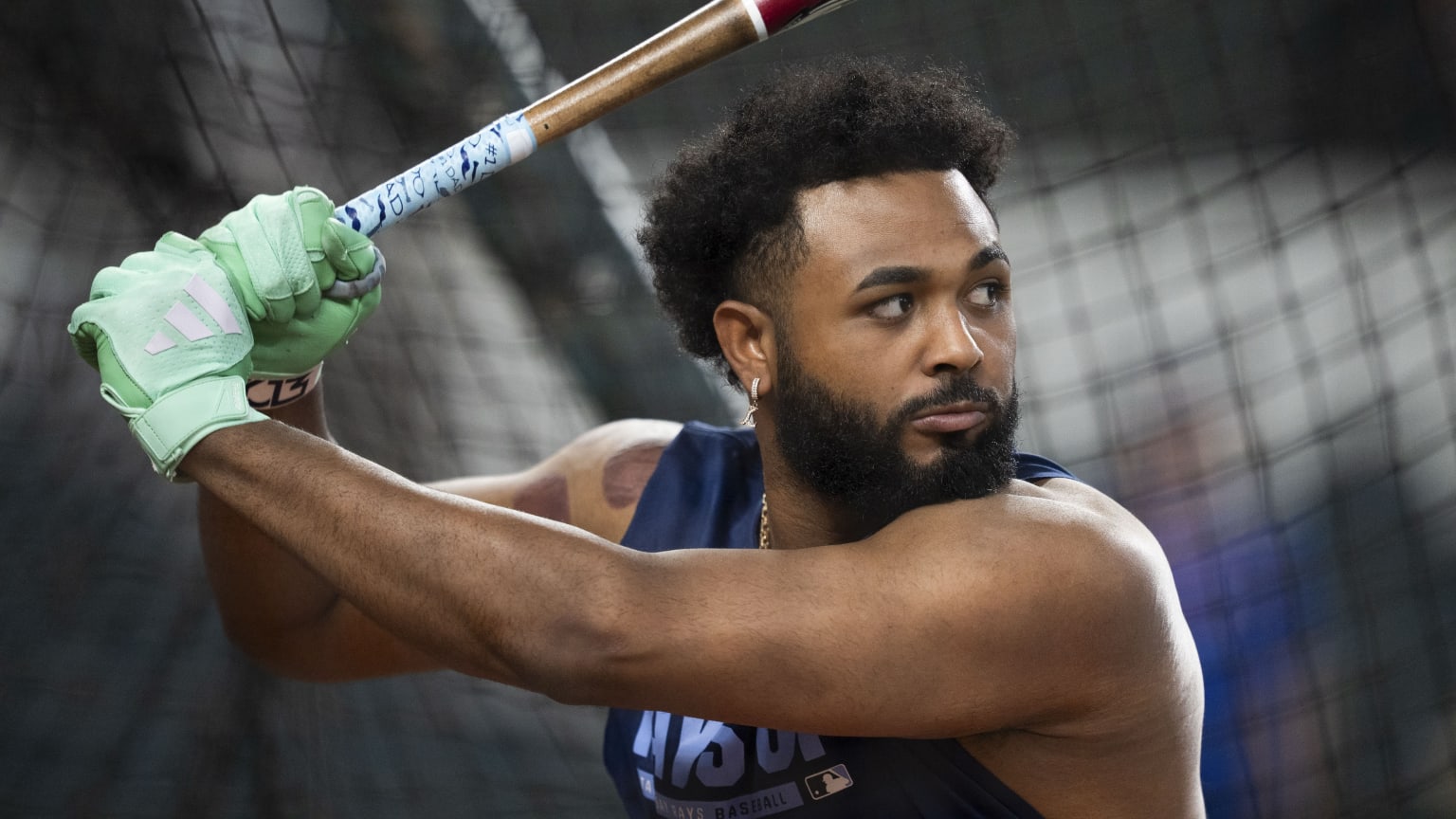 Junior Caminero preparing to swing during a Tampa Bay Rays batting practice session in 2026